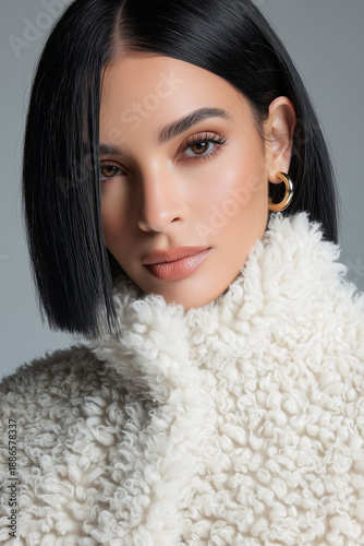 Close-up portrait of stylish woman in white faux shearling coat with sleek black bob hairstyle and gold hoop earrings, showcasing winter fashion, elegance, and modern beauty trends