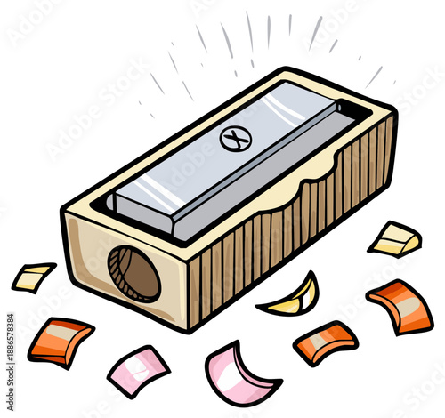 Rectangular Pencil Sharpener with Shavings Cartoon Illustration for Stationery