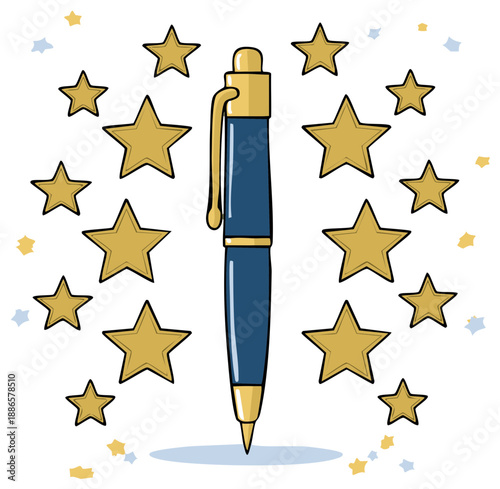 Elegant blue pen surrounded by golden starbursts, symbolizing success or achievement, on white