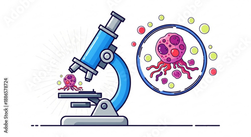 Microscope examining colorful virus cells in a laboratory setting with scientific tools