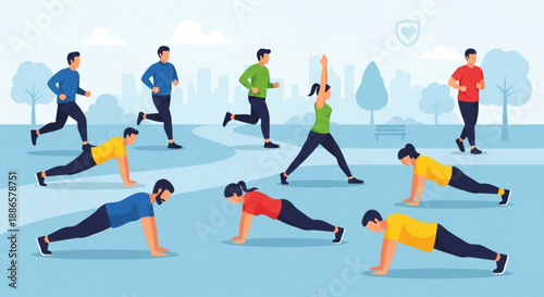 People exercising outdoors in a park with various fitness poses and running