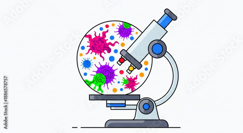 Microscope examines colorful microorganisms in petri dish laboratory setting
