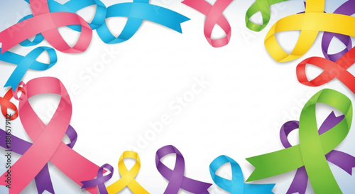Multicolored awareness ribbons forming a circle on white background for support and solidarity