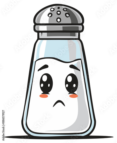 Sad Salt Shaker: Cute Kawaii Cartoon with Downcast Eyes and Blush, Isolated Vector Illustration