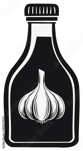 Graphic illustration of a garlic flavored sauce bottle with a white outline