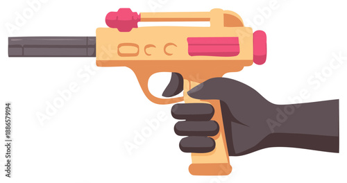 Cartoon hand holding a toy space blaster, futuristic gun