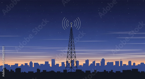 City skyline at dusk with communication tower broadcasting signals