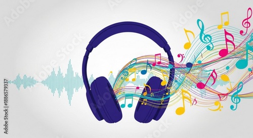 Vibrant headphones with colorful music notes and sound wave on grey background