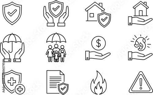 Black and white insurance icon set featuring health, home, financial, family, and safety protection symbols for coverage, risk management, and security design.
