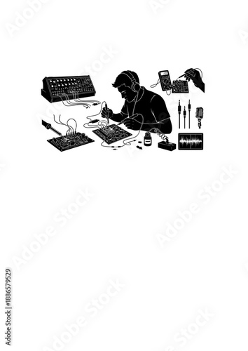 Analog Synthesizer Repair Silhouette, Soldering Electronic Circuit Board, Sound Engineer and Music Technology Hobby Vector Illustration