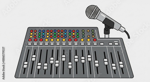 Sound mixing board with microphone on top for live music performance and public speaking events