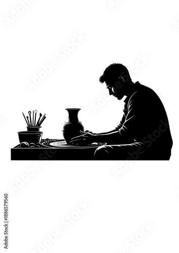 Pottery Artist at Ceramics Wheel Silhouette, Handcrafting Clay Vase, Artisan Studio and Creative Pottery Workshop Concept Vector Design