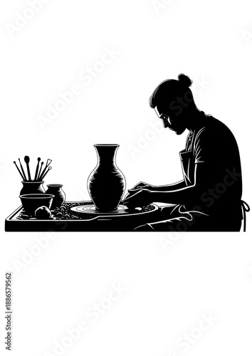 Pottery Artist at Ceramics Wheel Silhouette, Handcrafting Clay Vase, Artisan Studio and Creative Pottery Workshop Concept Vector Design