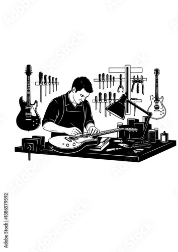 Electric Guitar Maker Luthier Silhouette, Crafting Musical Instrument at Workbench, Artisan Woodworking and Custom Guitar Shop Vector