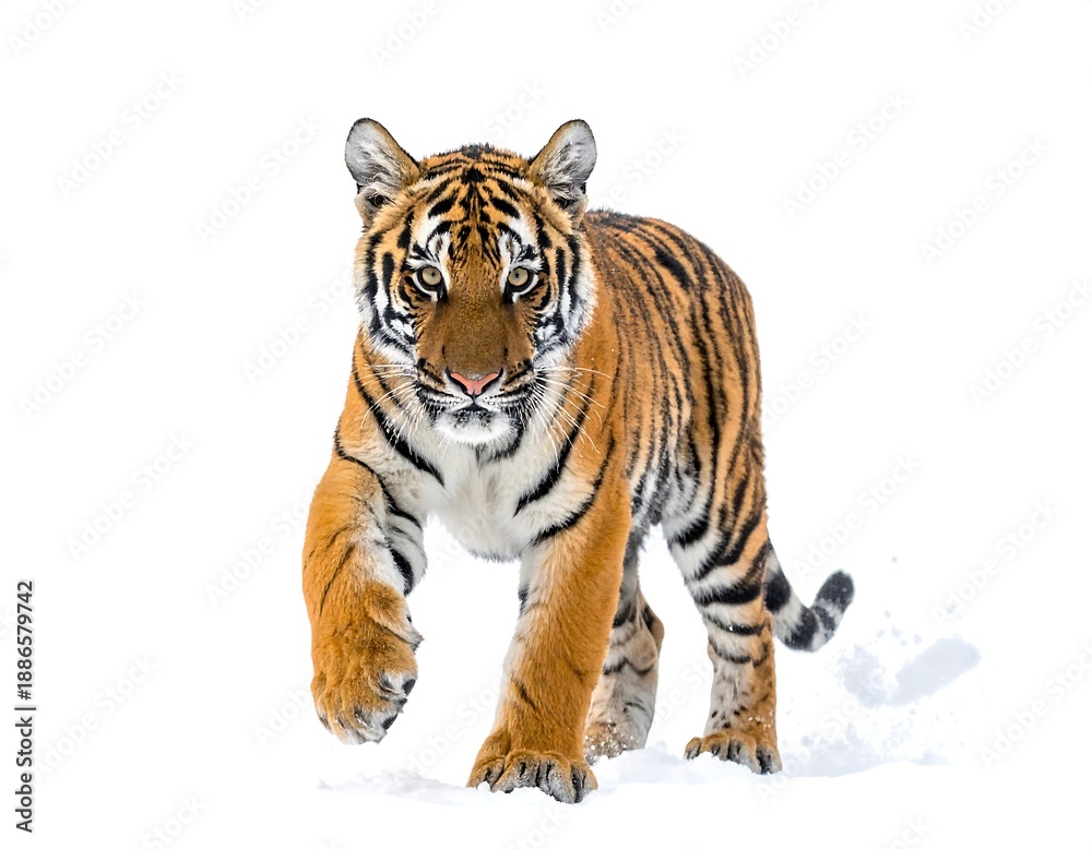 Obraz premium Majestic Tiger Strolling Confidently on a White Background.