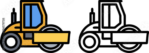 Road Roller Compactor Construction Vehicle Flat and Outline Icon