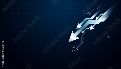 The pointing down arrows to the dark blue background used for growth of finance and business, A down-moving arrows composition represents innovation driving progress downward