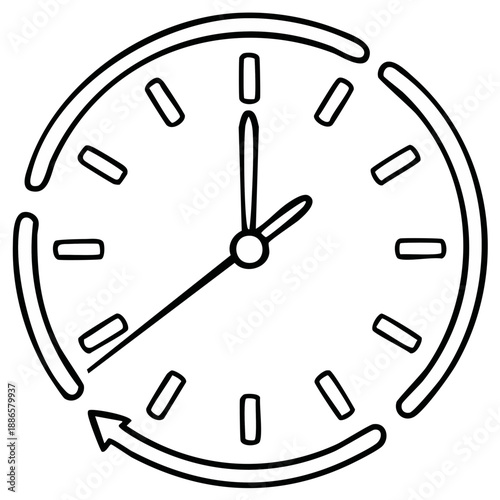 Simple Hand Drawn Clock Face with Circular Arrow Indicating Time Passing or Countdown
