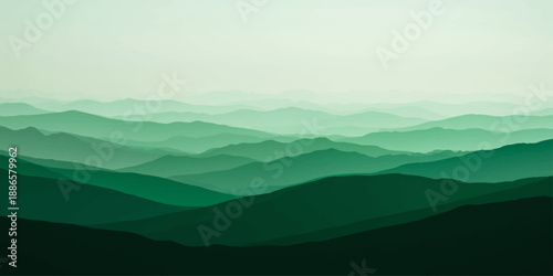 Abstract vector Emerald Peaks with Rolling layers of verdant mountain ranges stretch into the distance, with gradients of green hues evoking a sense of tranquility and majestic grandeur.