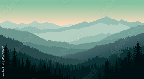 Layered Mountain Landscape Vector Illustration with Pine Forests and Misty Valleys at Dawn, Showcasing Serene Nature Scenery and Outdoor Beauty