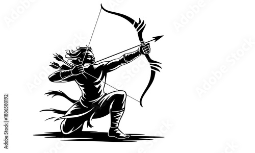 Lord Rama Archer Silhouette Vector, Hindu God Ram with Bow and Arrow, Ramayana Epic Warrior Illustration, Indian Religious Diwali and Dussehra Festival Graphic, Divine Hero Design on White