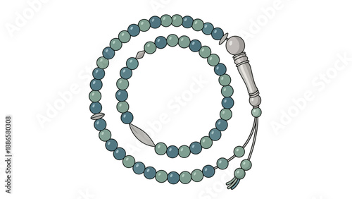 Rosary beads illustration featuring blue green beads and silver components in a circular pattern