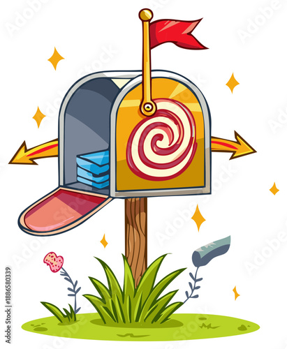Whimsical mailbox design displaying letters with red flag cartoon style. Cute vector postbox concept surrounded by nature