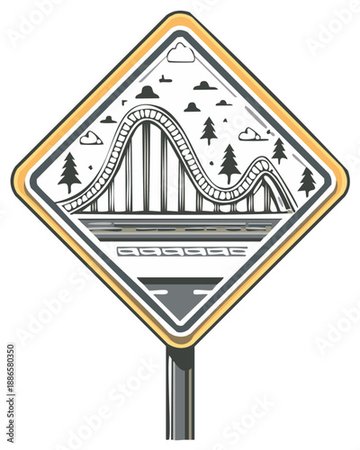 Roller Coaster Sign Icon with Trees and Clouds for Amusement Park Direction and Fun Adventure
