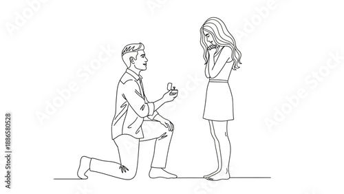 Man proposing to woman in simple line art illustration, capturing a romantic moment between couple kneeling and standing