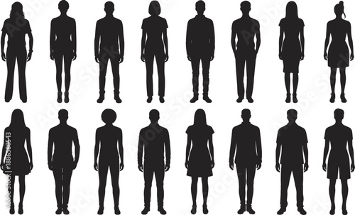 Silhouettes of diverse male and female figures in casual clothing and varied hairstyles, ideal for fashion design, demographic visuals, and character modeling references.