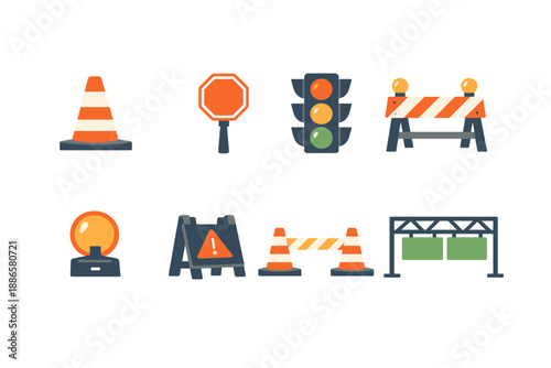 Collection of traffic and construction safety signs and equipment icons