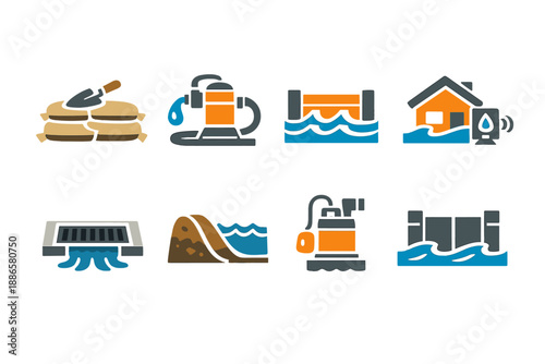 Flood control and water management icons including sandbags, pumps, and barriers