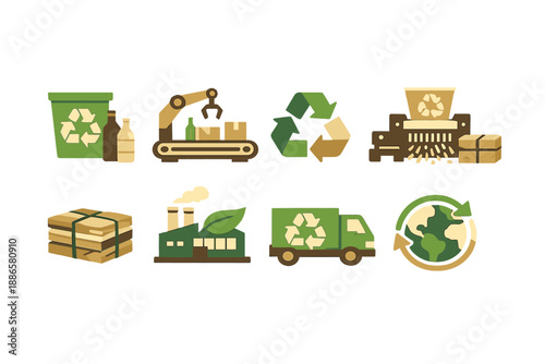 Recycling process icons showing collection, processing, and global impact