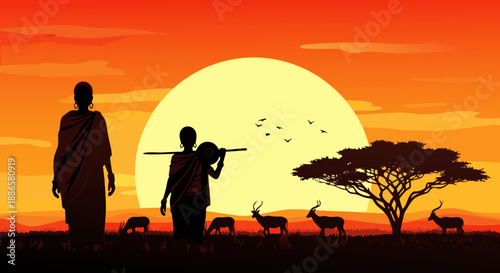 Vivid African Savanna Landscape Vector Illustration at Sunset with Silhouetted Native People and Wildlife, Depicting a Tranquil and Traditional Scene