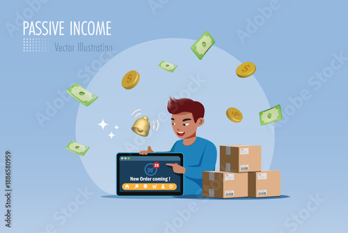 Passive income concept. Happy man arranges shipment boxes for new order coming on digital tablet. Vector.