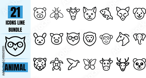 Animal Line Icon Set Cute Pet, Wildlife and Farm Animal Outline Symbols