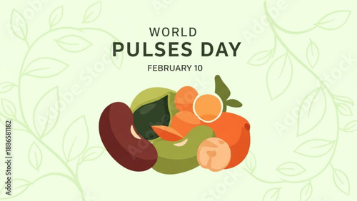 World pulses day poster with colorful illustration of legumes and fruits on light green background