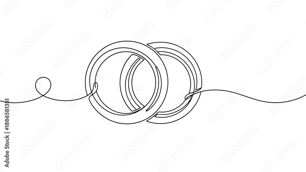 Obraz premium Continuous line drawing of intertwined rings, symbolizing unity and connection, in a minimalist illustration style.
