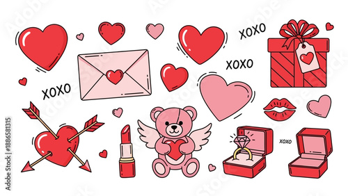 Valentine's Day illustration featuring hearts, teddy bear, and gift boxes in a whimsical arrangement