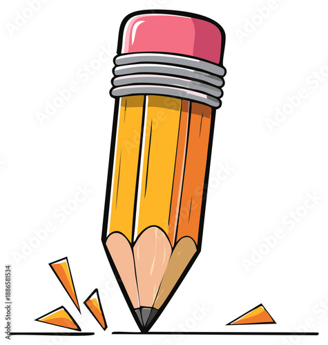 Yellow pencil with pink eraser drawing a black line and creating wood shavings