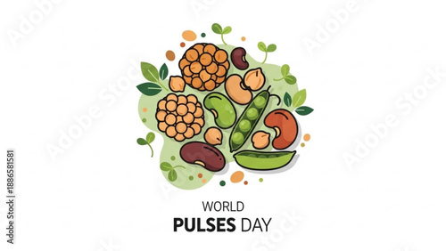 World pulses day illustration with colorful legumes and leaves on green background