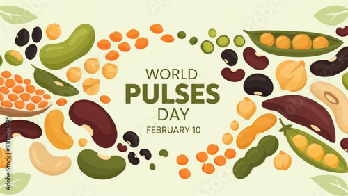 World pulses day poster with colorful legumes and peas on light green background february 10