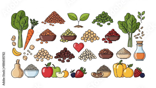 Vibrant illustration of healthy food and nutrition elements including fruits vegetables grains and heart symbol on a white background
