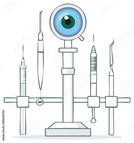 Medical illustration showcasing specialized ophthalmic surgery instruments and an eye magnifying glass.