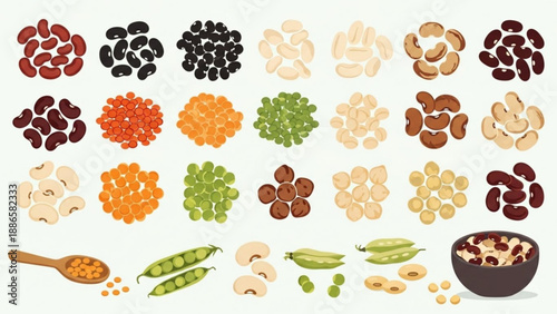 Variety of legumes and beans in bowls and spoons on white background for healthy eating and nutrition concepts
