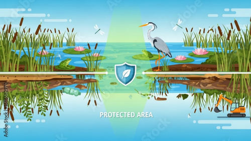 Protected wetland area with heron shield symbol lily pads and aquatic plants in a serene natural environment