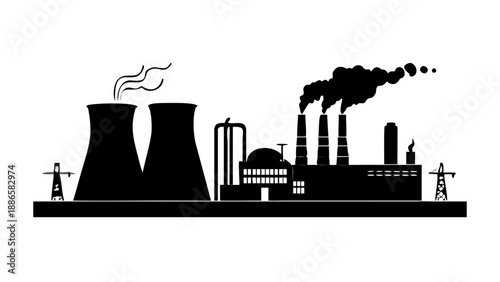 Industrial silhouette of a geothermal power plant with steam rising, clean energy and earth's heat concept vector.