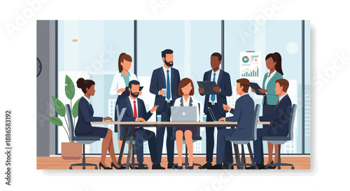 A diverse group of business professionals collaborating in a modern office setting.