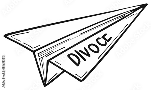 Paper airplane with the word divorce written on its wing in a hand drawn style