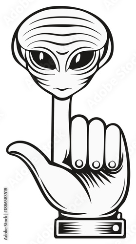 Vector Drawing of Alien on Hand Thumb Shape Gesture, Isolated, Detailed, Black Outline, Sci-Fi, Science Fiction